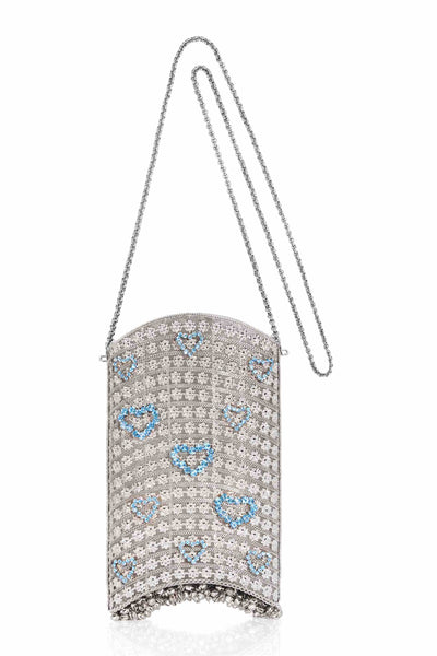 SHOP Mae Cassidy - Swoon over your dream wedding accessory; The Sweetheart Phone Bag style clutch from our Luxury Wedding Bag Collection. Handmade from silver-tone metalwork, embellished with sparkling Sweetheart crystal detailing, in Aquamarine "Something Blue" coloured hues. It's the perfect accessory to fulfil your fairytale fantasy.