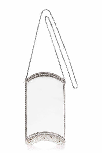 SHOP Mae Cassidy - Say 'I do' to your dream wedding accessory with the; "Satin Pearl Phone Bag" clutch, from our Luxury Wedding Collection. Embellished with diamanté crystals and pearls. It's handmade from silver-tone metalwork, contrasted by white silk satin panels. 