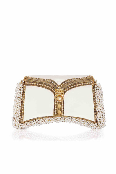SHOP Mae Cassidy - Say 'I do' to your dream wedding accessory with the; "Zeenat Jewel Pearl Purse" clutch bag, from our Luxury Wedding Collection. Embellished with champagne gold crystals and pearls. Contrasted by off-white silk satin panels. 