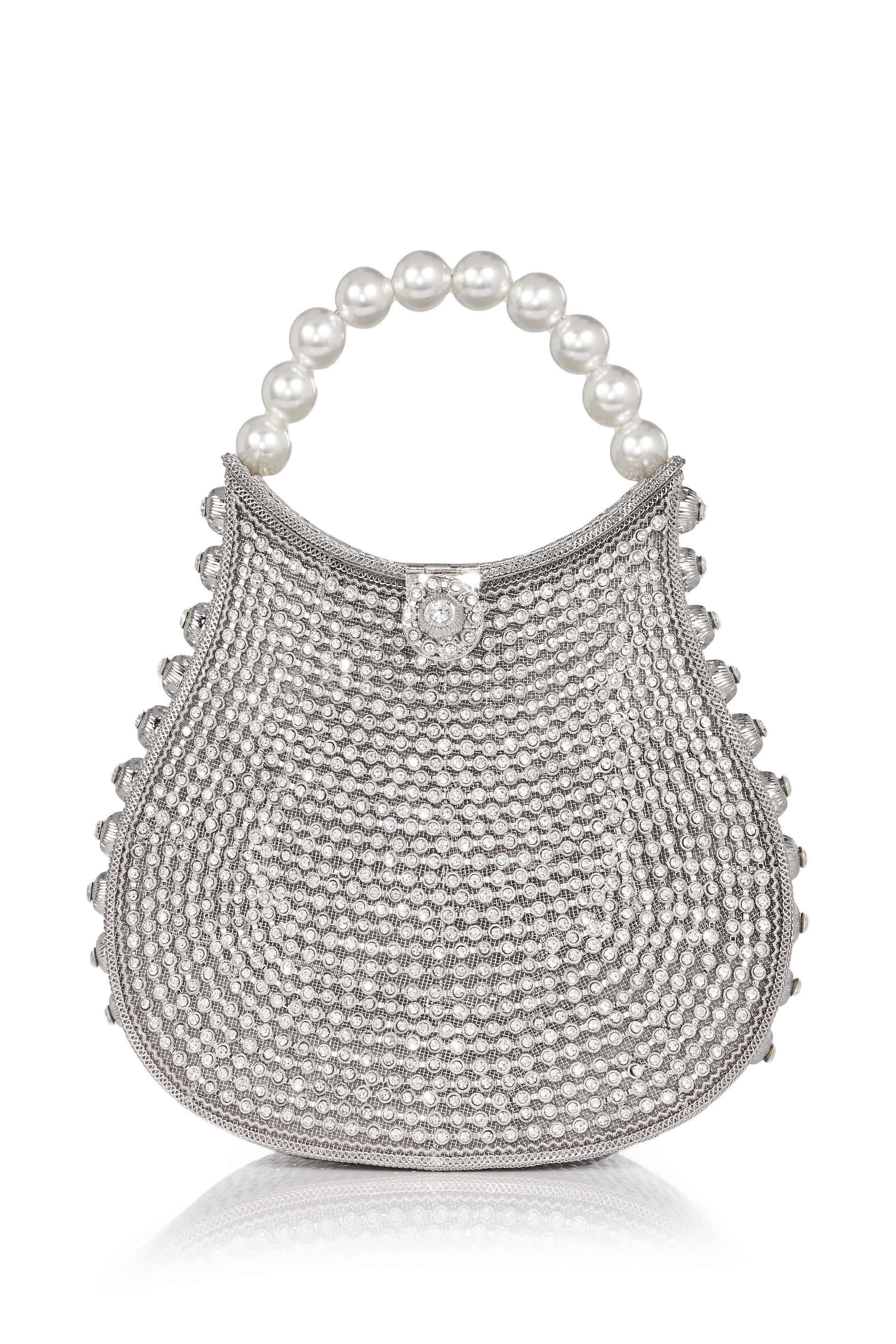 Mae Cassidy Nimmi Crystal Pearl Purse Clutch Bag Silver