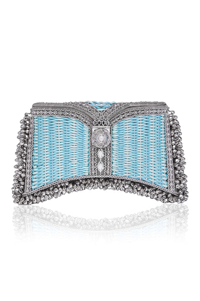SHOP The Zeenat Picnic Clutch bag, from Mae Cassidy SS21 Poolside Glamour Collection https://maecassidy.com/ It’s playful hand woven mint turquoise blue & pearl clasp detailing, reminisce a nostalgia for the 1950’s picnic style. Each piece is handmade by a skilled artisan from recyclable silver tone metalwork in a structured curved shape with bell detailing and shimmering crystals. Photography: Annie Lai, Set: Laura Little, MUA: Jinny Kim, Styling: Rubina Marchiori, Direction: Georgina Mae Lindsay