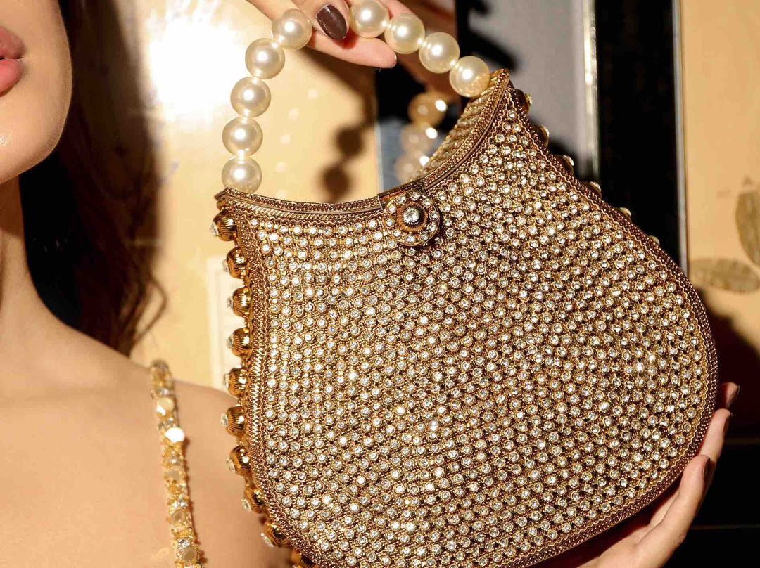 Mae Cassidy Nimmi Crystal Pearl Purse Clutch Bag Gold