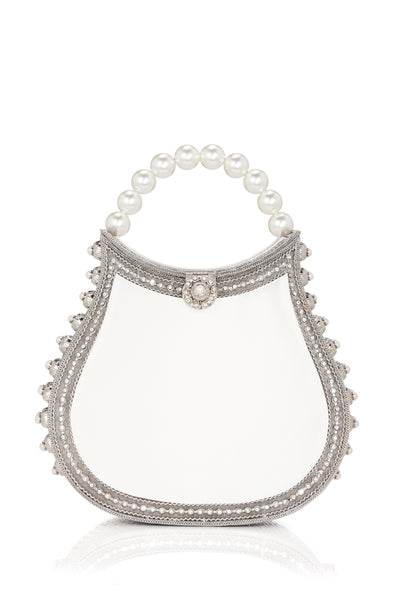 SHOP Mae Cassidy - Say 'I do' to your dream wedding accessory with the; "Nimmi Pearl Purse", from our Luxury Wedding Bag Collection. Embellished with crystal and pearl  and pearl top handle. Contrasted by off-white silk satin panels. 