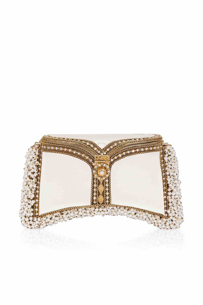 SHOP Mae Cassidy - Say 'I do' to your dream wedding accessory with the; "Zeenat Pearl Pearl Purse" clutch bag, from our Luxury Wedding Collection. Embellished with crystals and pearls. Contrasted by off-white silk satin panels. 