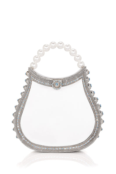 SHOP Mae Cassidy - Say 'I do' to your dream "Something Borrowed, Something Blue" wedding accessory with the; "Nimmi Jewel Pearl Purse", from our Luxury Wedding Bag Collection. Embellished with aquamarine crystals and pearl top handle. Contrasted by white silk satin panels. 