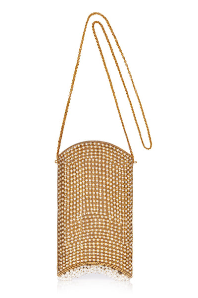 Tis the season to sparkle! Introducing your new go-to glittering party piece; The Mae Cassidy Gold Crystal Pearl Phone Bag Clutch, from our New In "All That Glitters" collection. It's the only accessory you'll need to dazzle after dark.   Embellished with over 1000 hand-placed, light catching, sparkling crystals and oh-so-pretty pearl detailing. It's slinky chain, makes it the perfect plus one to head out after dark and hit the dance floor.