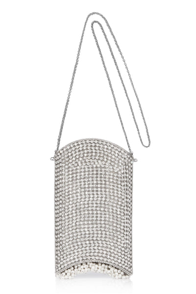 Tis the season to sparkle! Introducing your new go-to glittering party piece; The Mae Cassidy Silver Crystal Pearl Phone Bag Clutch, from our New In "All That Glitters" collection. It's the only accessory you'll need to dazzle after dark.   Embellished with over 1000 hand-placed, light catching, sparkling crystals and oh-so-pretty pearl detailing. It's slinky chain, makes it the perfect plus one to head out after dark and hit the dance floor.