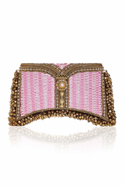 SHOP The Zeenat Picnic Clutch bag, from Mae Cassidy's SS21 Poolside Glamour Collection https://maecassidy.com/ It’s playful hand woven powder pink & pearl clasp detailing, reminisce a nostalgia for the 1950’s picnic style. Each piece is handmade by a skilled artisan from recyclable gold-tone metalwork in a structured curved shape with bell detailing and shimmering crystals. Photography: Annie Lai, Set: Laura Little, MUA: Jinny Kim, Styling: Rubina Marchiori, Direction: Georgina Mae Lindsay