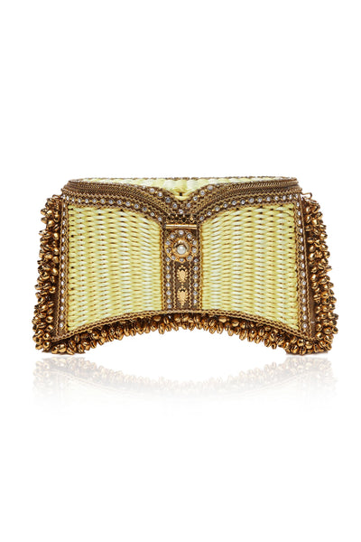 SHOP The Zeenat Picnic Clutch bag, from Mae Cassidy's SS21 Poolside Glamour Collection https://maecassidy.com/ It’s playful hand woven lemon yellow & pearl clasp detailing, reminisce a nostalgia for the 1950’s picnic style. Each piece is handmade by a skilled artisan from recyclable gold-tone metalwork in a structured curved shape with bell detailing and shimmering crystals. Photography: Annie Lai, Set: Laura Little, MUA: Jinny Kim, Styling: Rubina Marchiori, Direction: Georgina Mae Lindsay