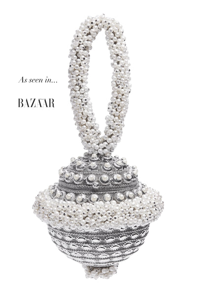 Mae Cassidy Simi Pearl AW19 Silver Bracelet Clutch Party Bag, Also Available Net-A-Porter, Seen in Harpers Bazaar
